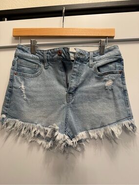 ReGeneration High Waisted Festival Light Wash Frayed Hem Denim Shorts